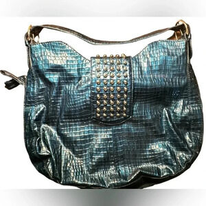 White House Black Market patent leather studded blue shoulder bag